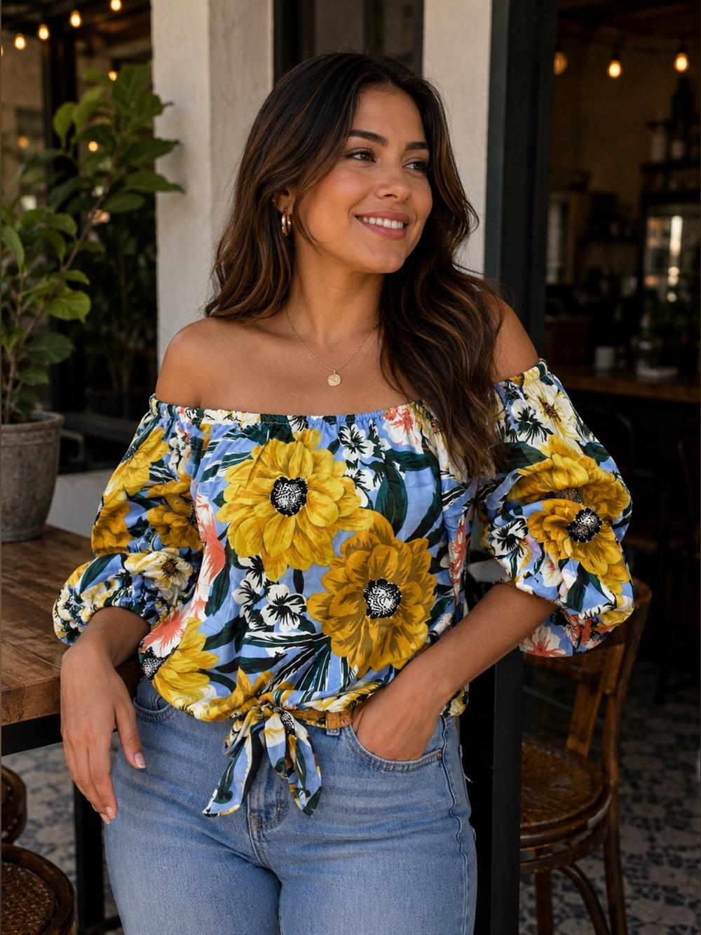 COCO BIANCO Women's On/Off Shoulder Puff Sleeve Resort Crop Top Sz MED